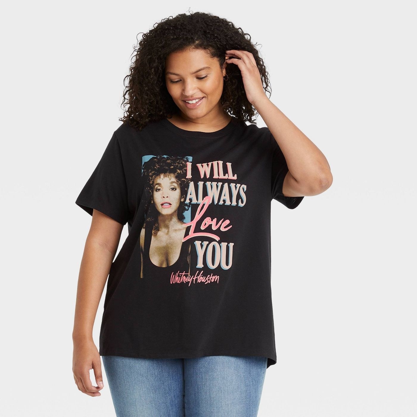 Model wearing the Whitney Houston graphic t-shirt