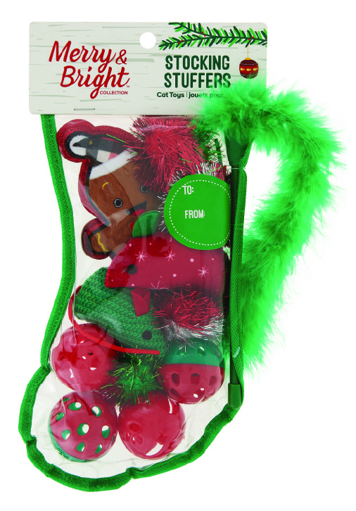 see through stocking with red and green cat toys and a fluffy stick