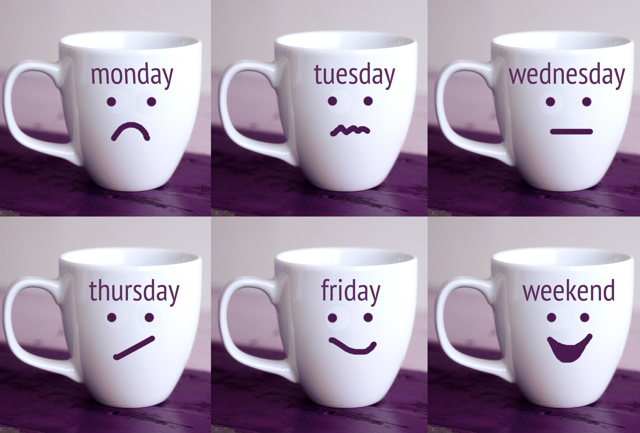 Six cups with the words of days of the week and drawn faces