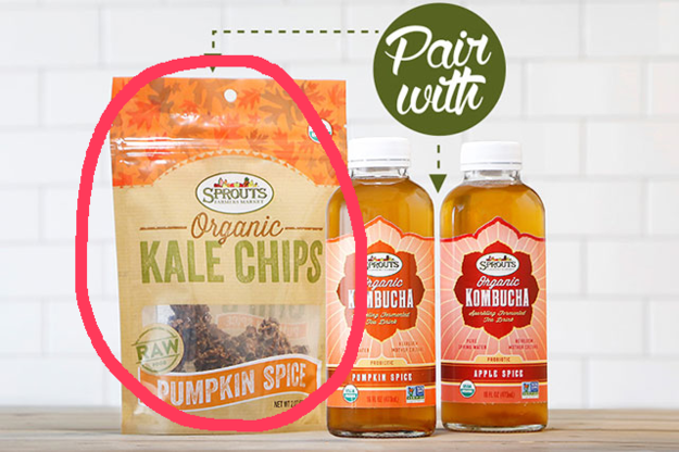 Organic pumpkin spice kale chips, paired with pumpkin spice kombucha