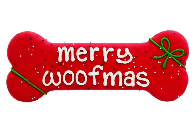 dog treat in the shape of the bone that says merry woofmas