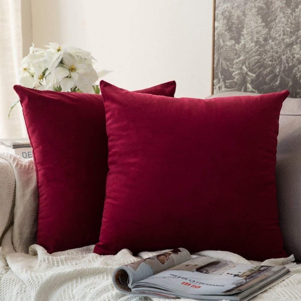 Two red velvet cushions on a sofa