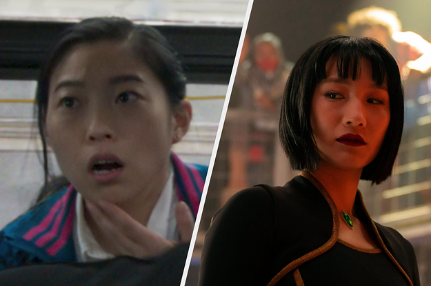 awkwafina appearing to look shocked and on the right is a woman looking down
