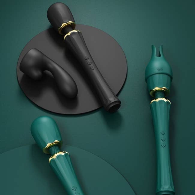 Black and green wand vibrators with attachments
