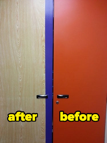 before and after pictures of an orange, laminate surface next to a faux wood surface