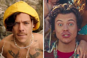 On the left, Harry Styles in the Golden music video, and on the right, Harry in the Watermelon Sugar music video, opening his eyes wide