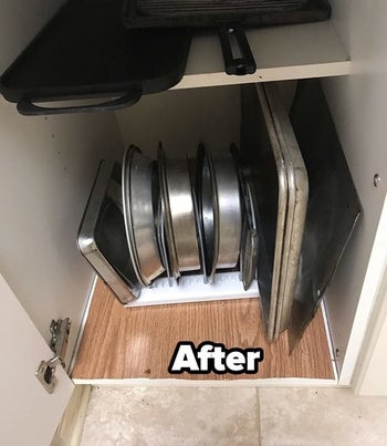 a reviewer photo of the same cabinet organized with the rack and text reading