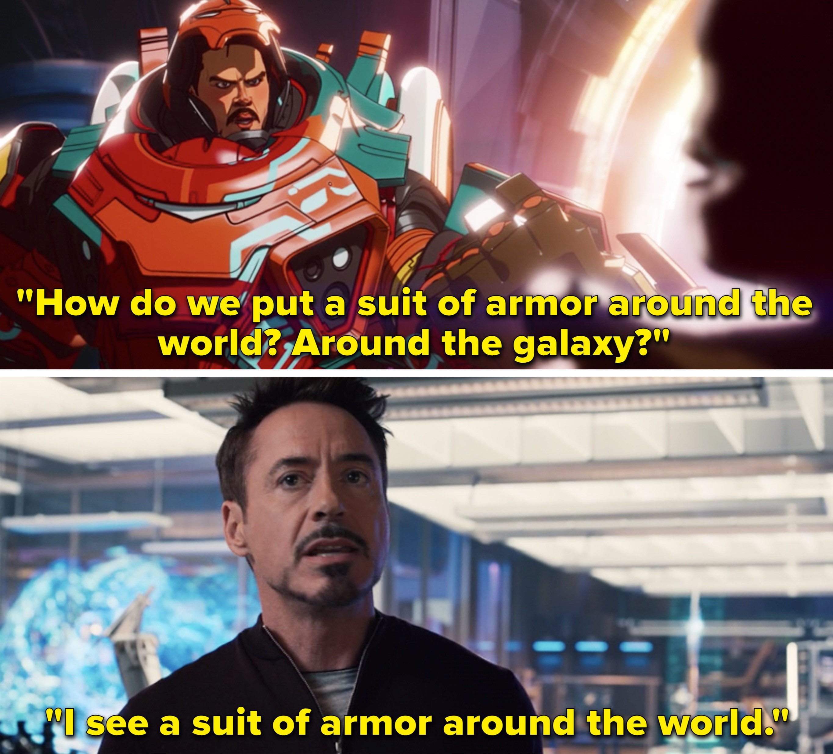 Tony saying, &quot;How do we put a suit of armor around the world?&quot; vs Tony saying the same thing in Age of Ultron