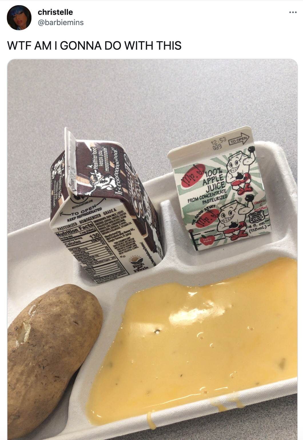 A school lunch on a tray, consisting of a small carton of chocolate milk, a smaller carton of apple juice, a baked potato, and yellowish gloop