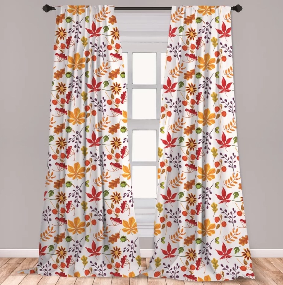 A orange/red/green fall floral curtain set