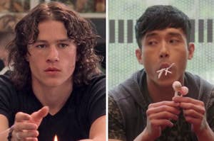 On the left, Heath Ledger as Patrick in 10 Things I Hate About You, and on the right, Manny Jacinto as Jason on The Good Place