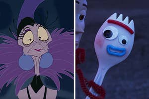 On the left, Yzma from The Emperor's New Groove, and on the right, Forky from Toy Story 4