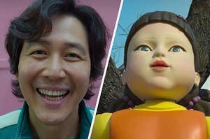 A close up of a smiling Gi-Hun and a giant female robot doll from "Squid Game"