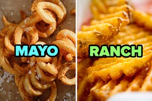 curly fries on the left with mayo written over it and waffle fries on the right with ranch written over it