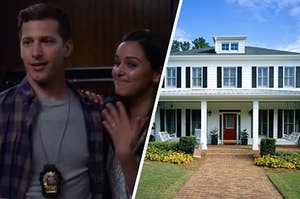 Amy Santiago shows off her engagement ring while leaning on Jake Peralta and a two story house with two pillars out front