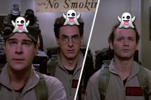 Peter Venkman, Ray Stantz, and Egon Spengler stand together while wearing their Ghostbusters uniform