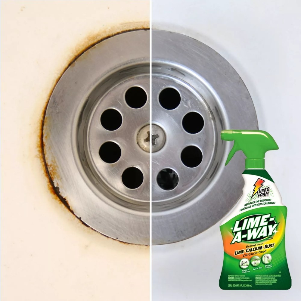 A drain before and after using the Lime-A-Way cleaner