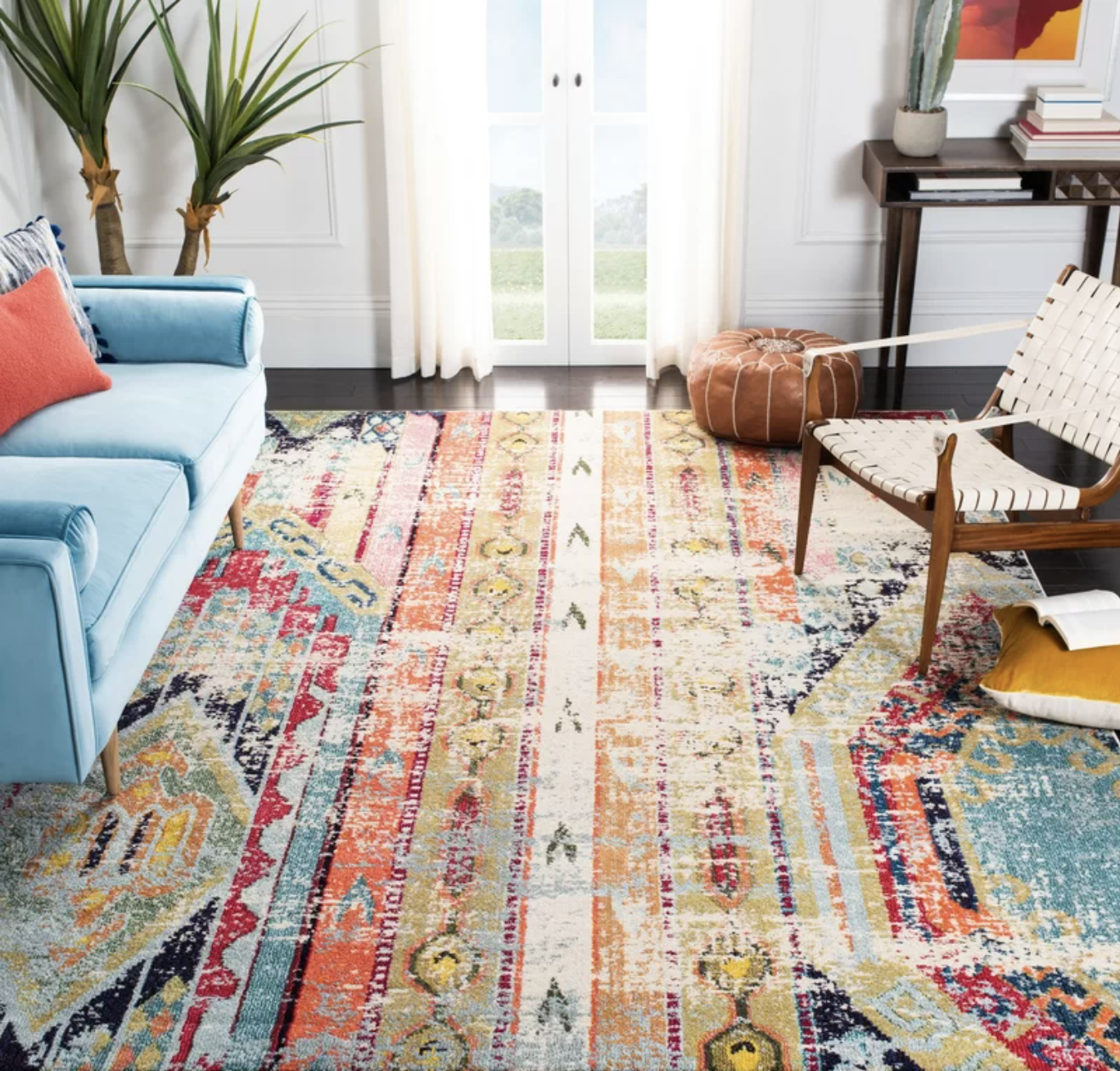 A vibrantly colored rug is shown