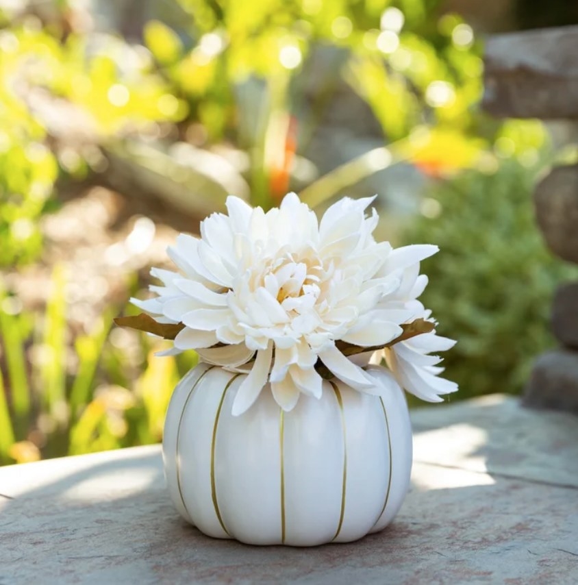 A grey ceramic pumpkin planter with white flowers inside