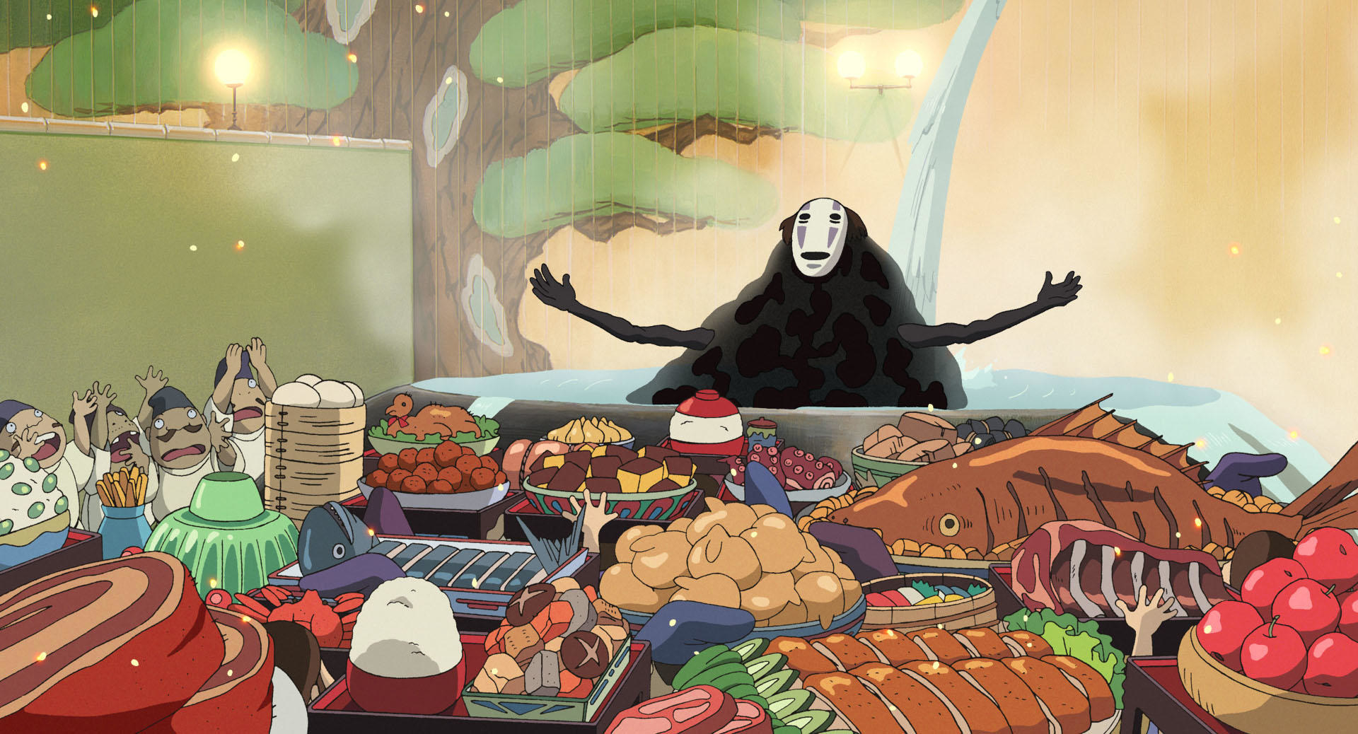 A screenshot of all the food in a scene from &quot;Spirited Away&quot;