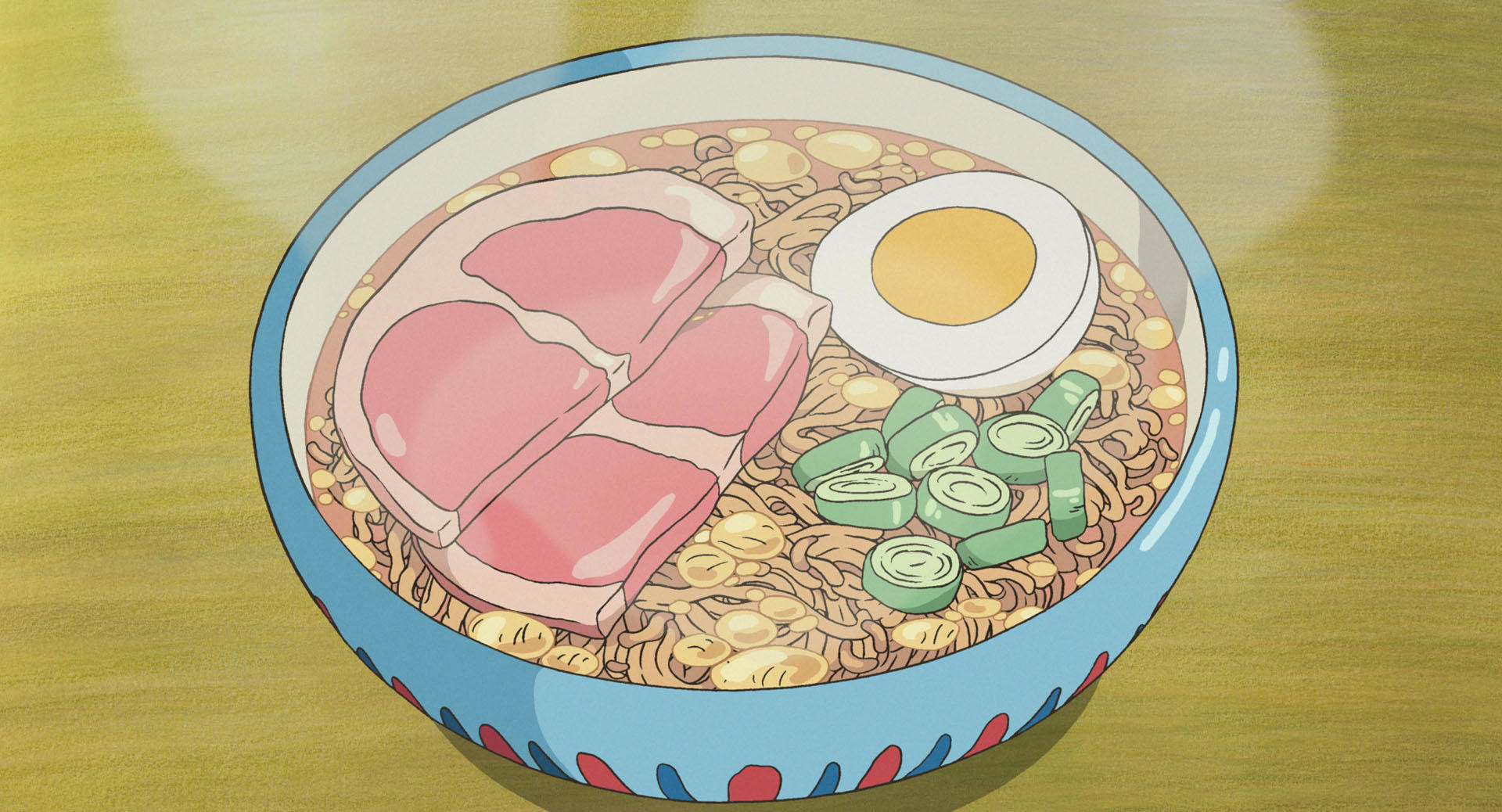 A close-up of a bowl of ramen in a Studio Ghibli movie