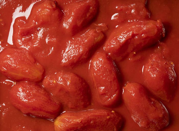 Whole canned tomatoes in their juices.