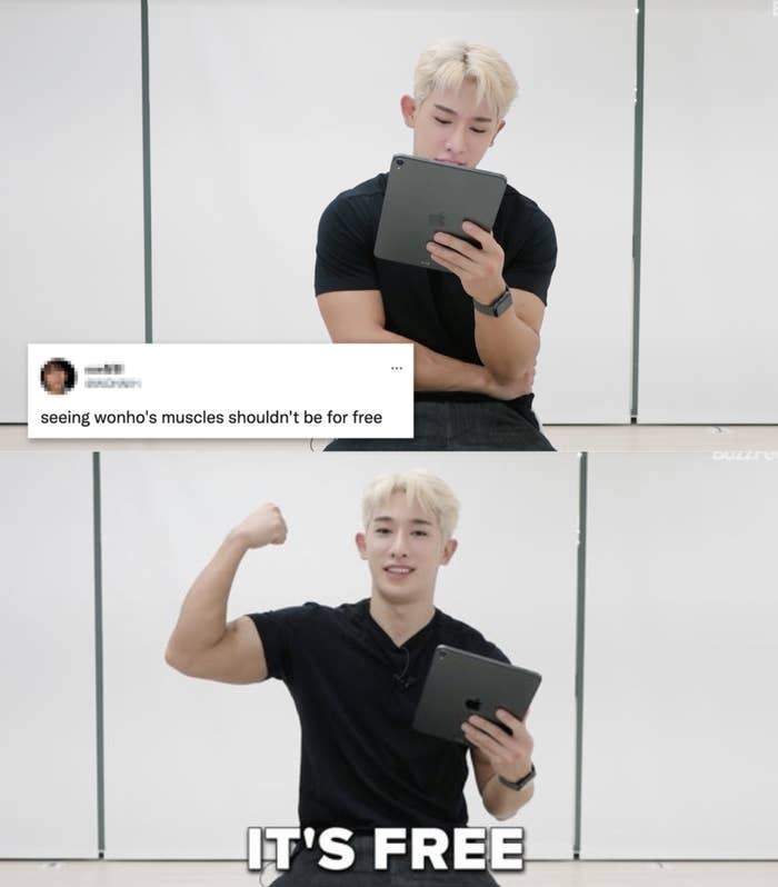 Wonho flexing his arm after reading a tweet that says &quot;seeing Wonho&#x27;s muscles shouldn&#x27;t be free&quot;