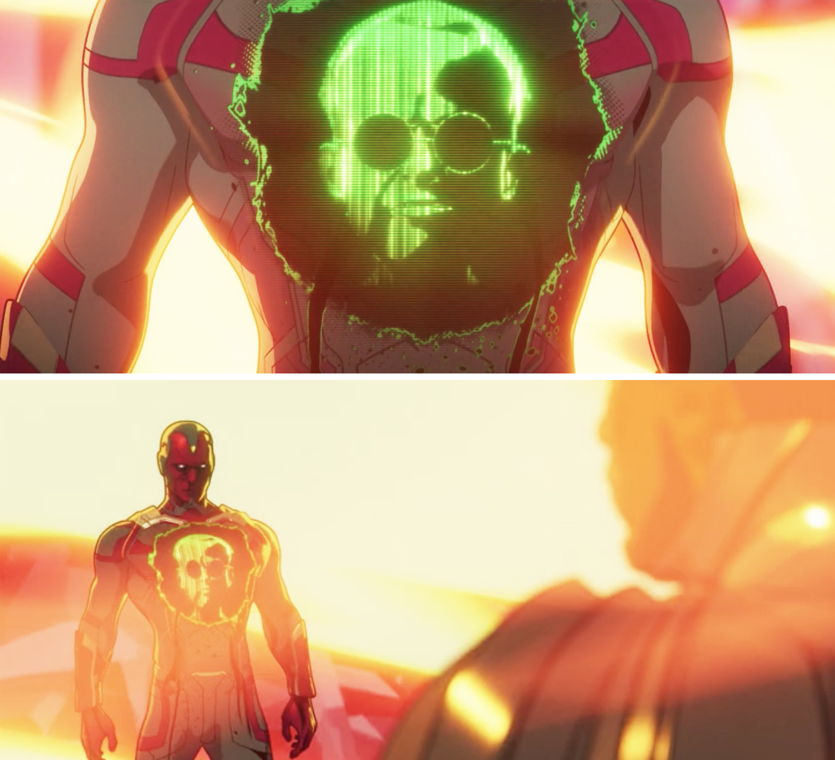Zola&#x27;s green computer face on Vision&#x27;s stomach