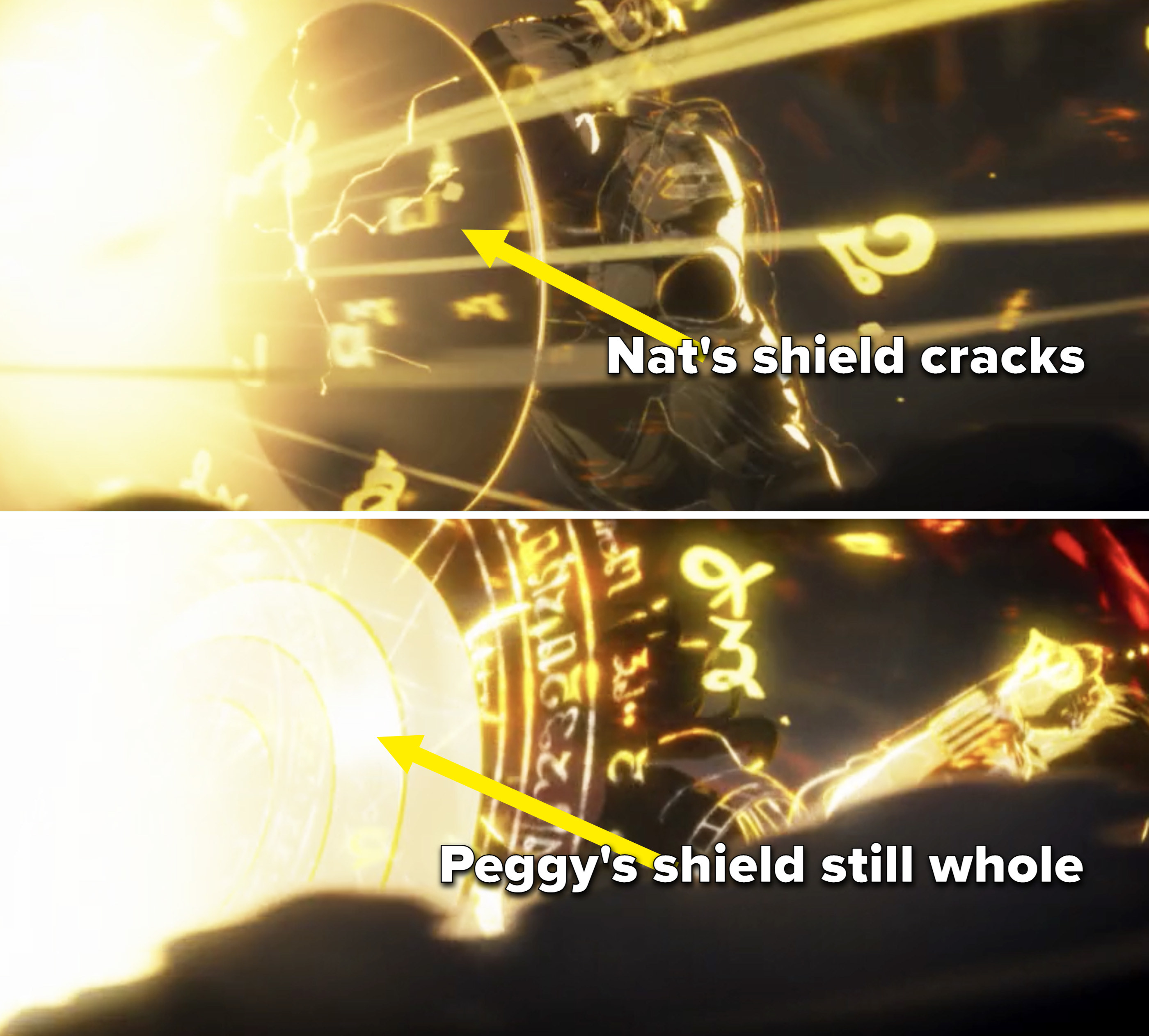 Close-ups of Nat&#x27;s shield cracking vs Peggy&#x27;s staying whole