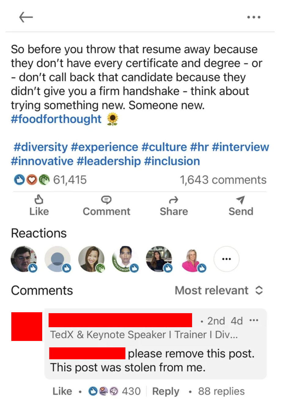 Someone plagiarizing a LinkedIn post and being called out for it by the original poster