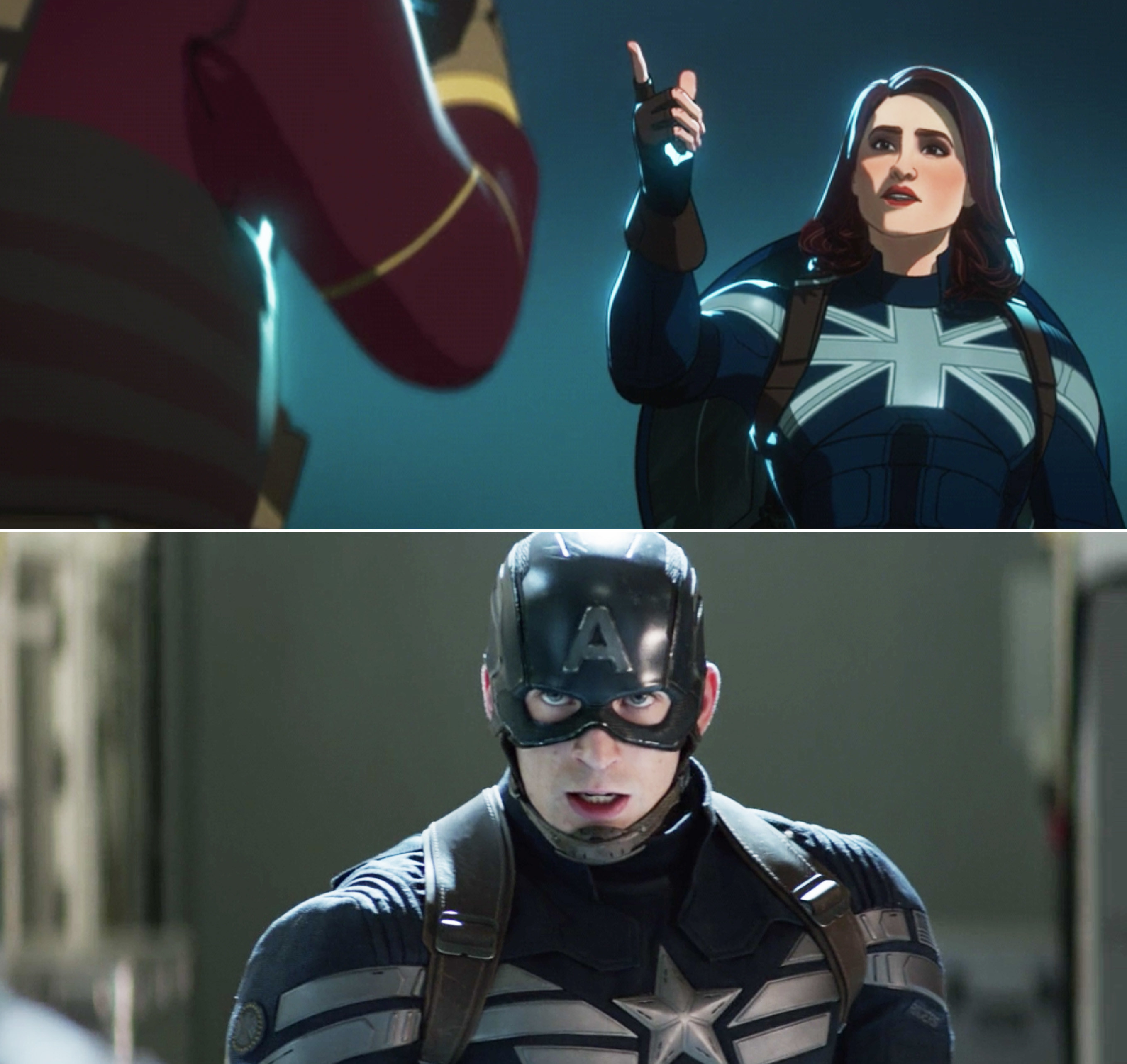 Peggy vs Steve wearing blue and silver suits