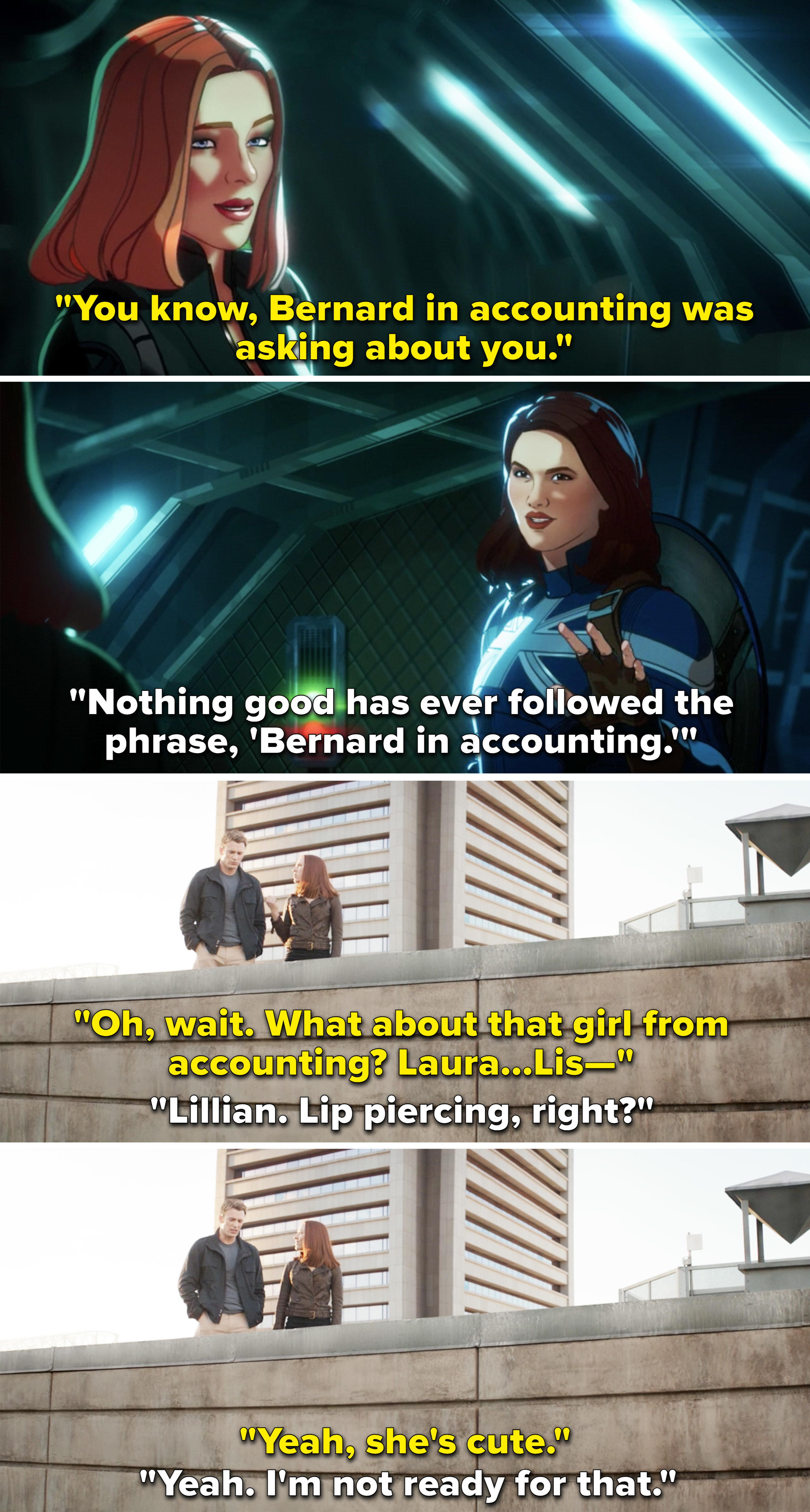 Natasha and Peggy talking about Bernard from accounting vs Natasha and Steve talking about Lillian