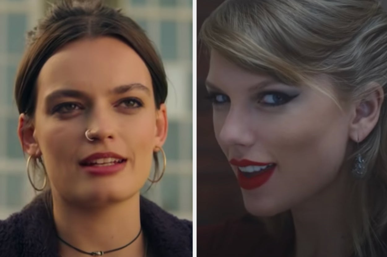 Maeve is on the left looking at a side profile of Taylor Swift