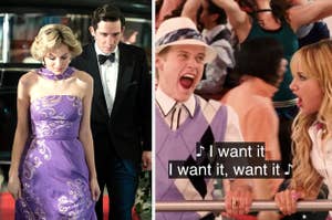 A strapless dress Princess Diana wears on The Crown next to Ryan and Sharpay from High School Musical 3 Senior Year singing, I want it, I want it, I want it