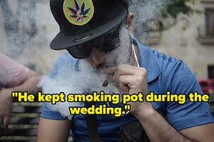 A guy smoking a joint wearing a marijuana hat and dark sunglasses behind text He kept smoking pot during the wedding