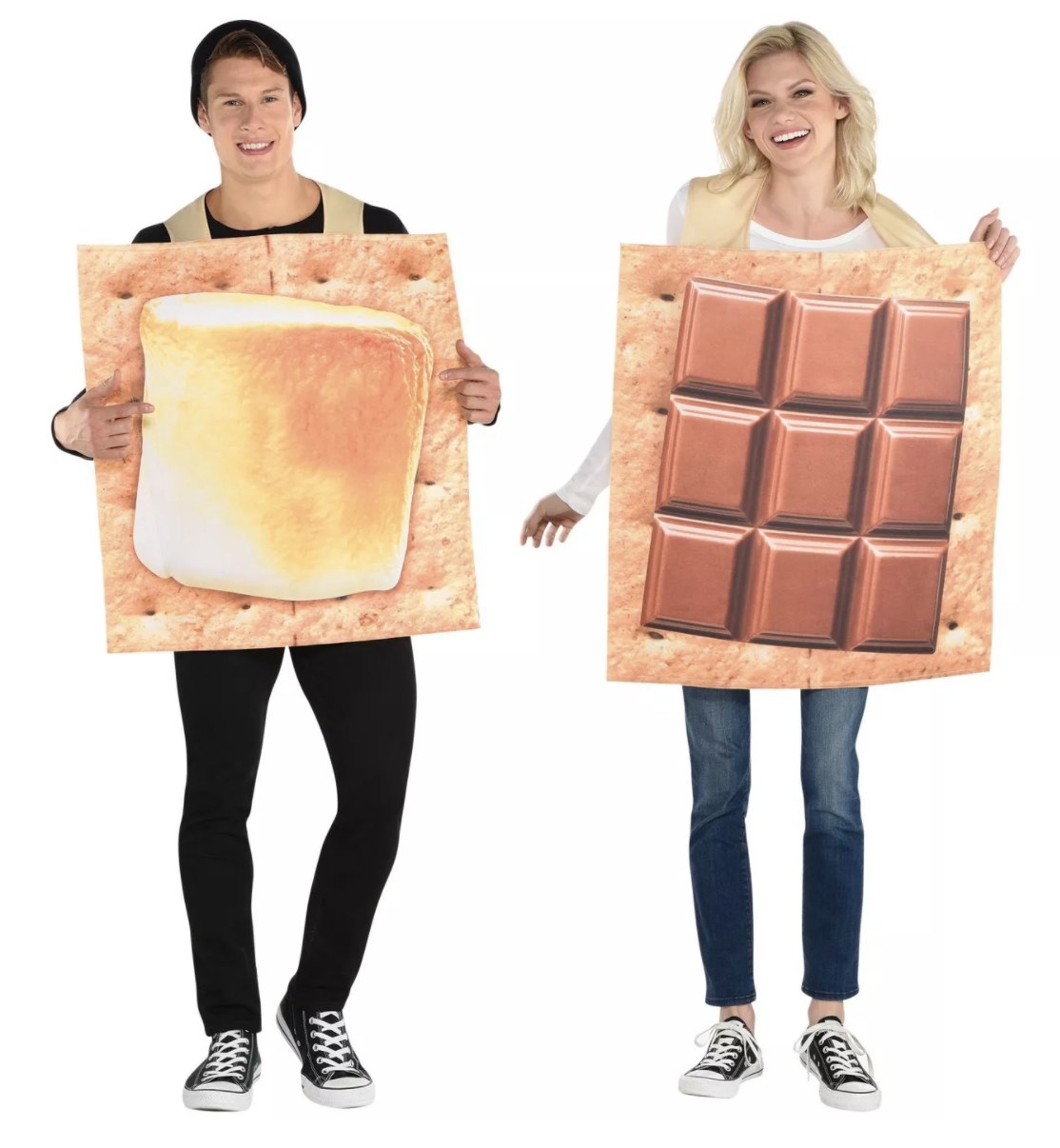 There are two adults: one is wearing a graham cracker with marshmallow tunic and another with a graham cracker and chocolate tunic