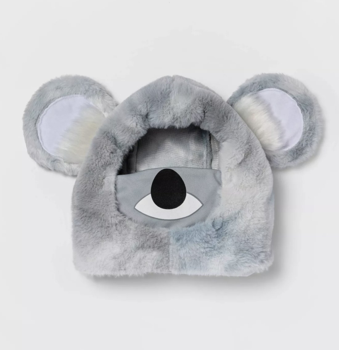 The grey fuzzy headpiece has white tufted ears and a grey mask with a nose and mouth
