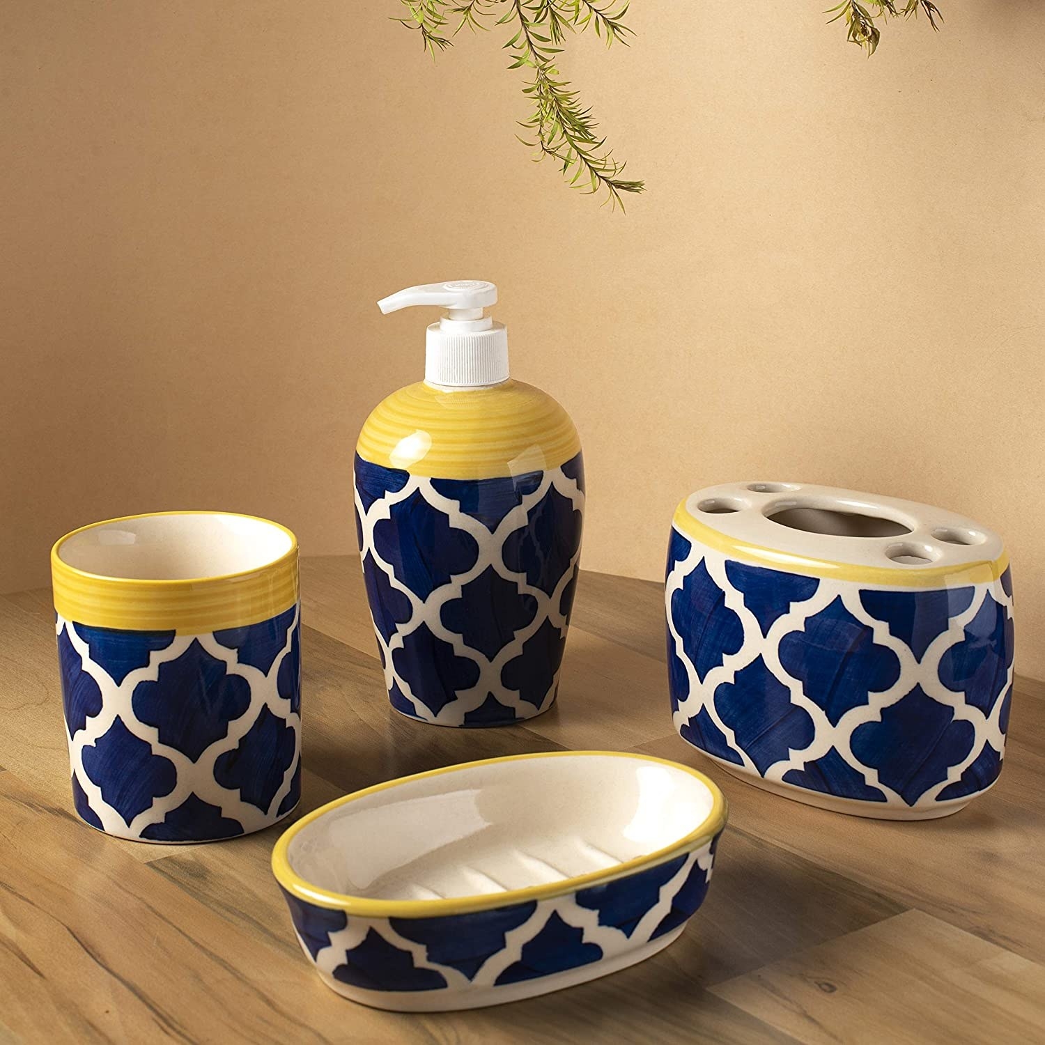 A blue and white bathroom accessories set