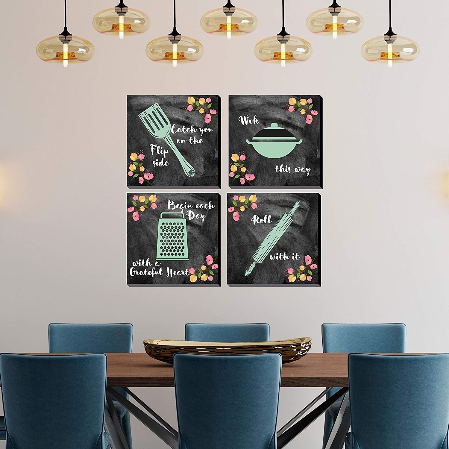 A set of chalkboard posters on a wall in front of a dining table