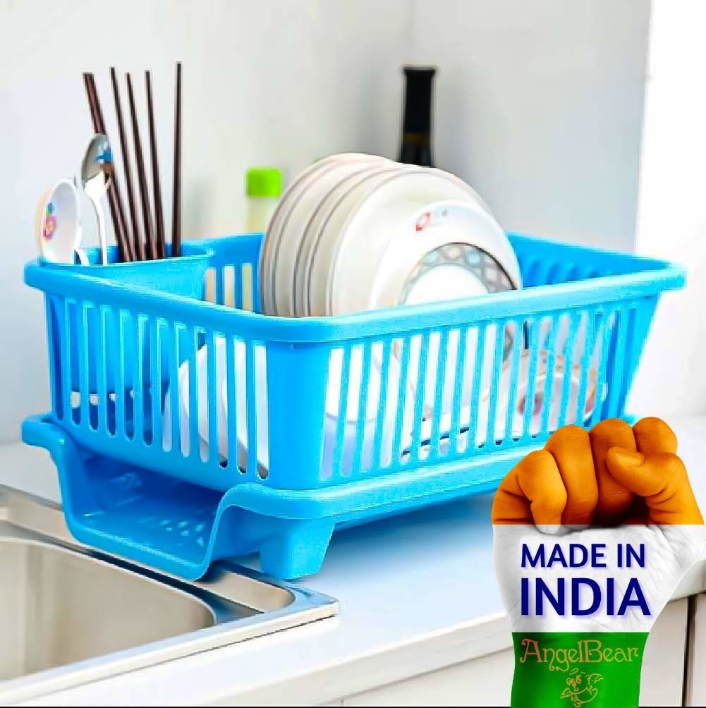 A blue dish drying rack with dishes in it