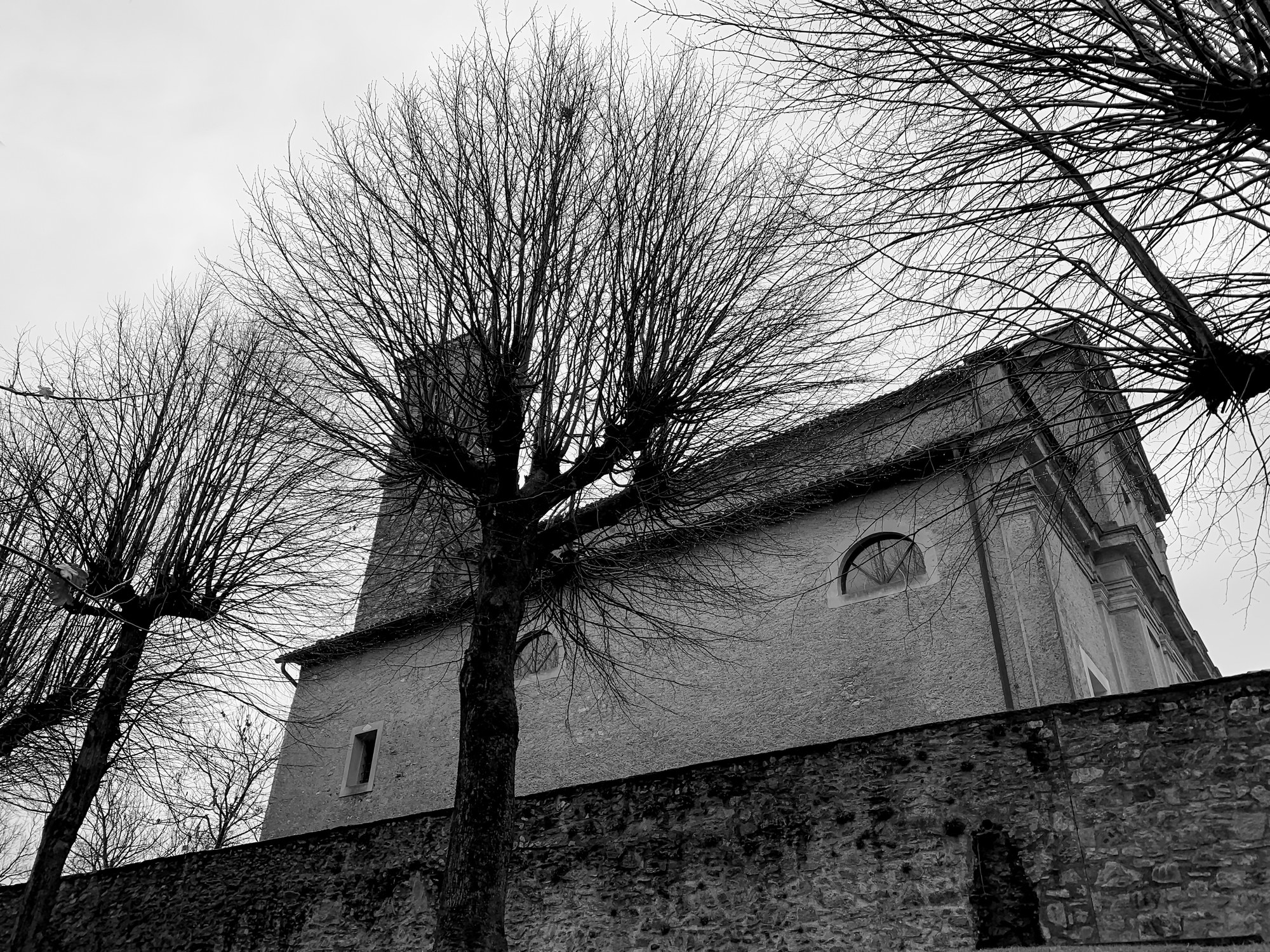 Black-and-white photo of church in Switzerland