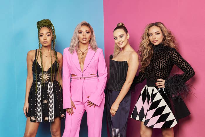 (L to R) Leigh-Anne Pinnock, Jesy Nelson, Perrie Edwards and Jade Thirlwall of Little Mix pose at the MTV EMAs 2018 studio