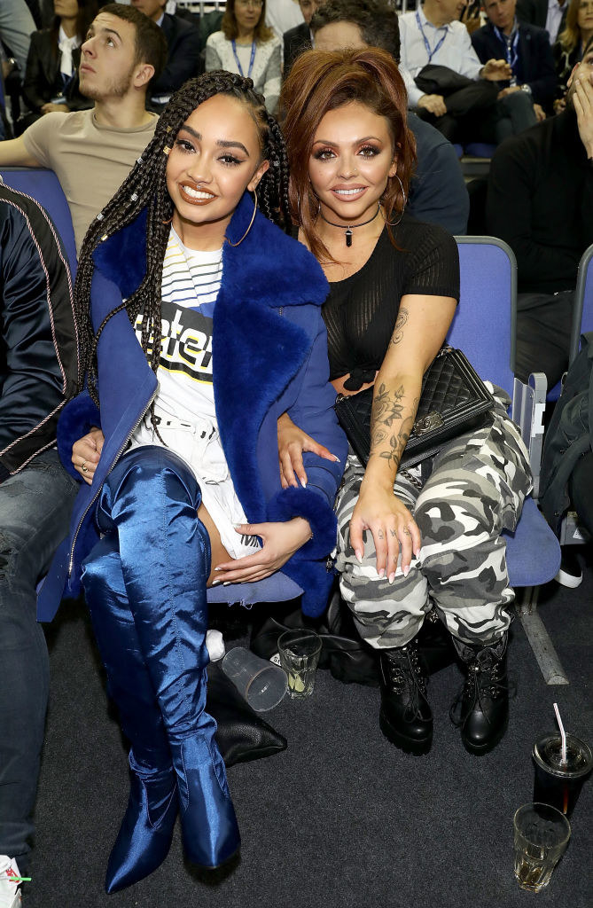 : Leigh-Anne Pinnock (L) and Jesy Nelson attend the Philadelphia 76ers and Boston Celtics London game
