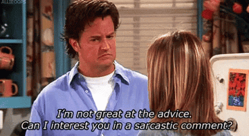 Chandler telling Rachel &quot;I&#x27;m not great at the advice, can I interest you in a sarcastic comment?&quot; on Friends