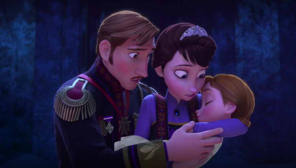 The queen and king holding baby Anna in &quot;Frozen&quot;