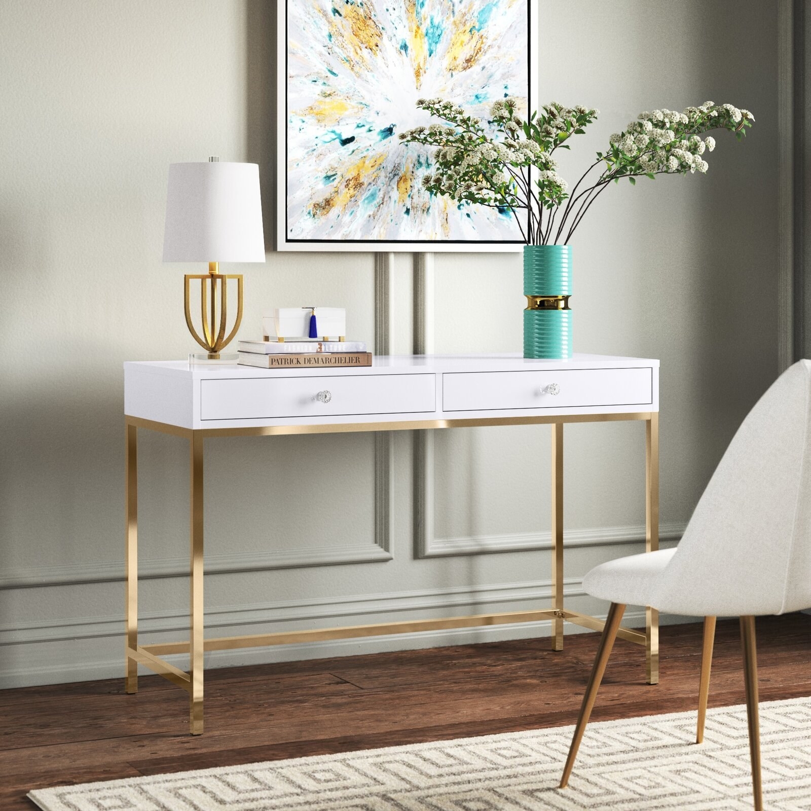 white desk with gold legs