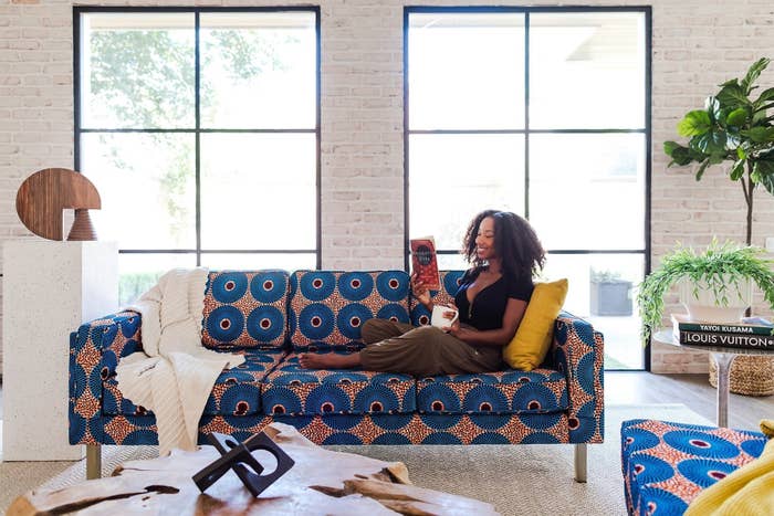 standard sofa with metal legs and blue circle pattern