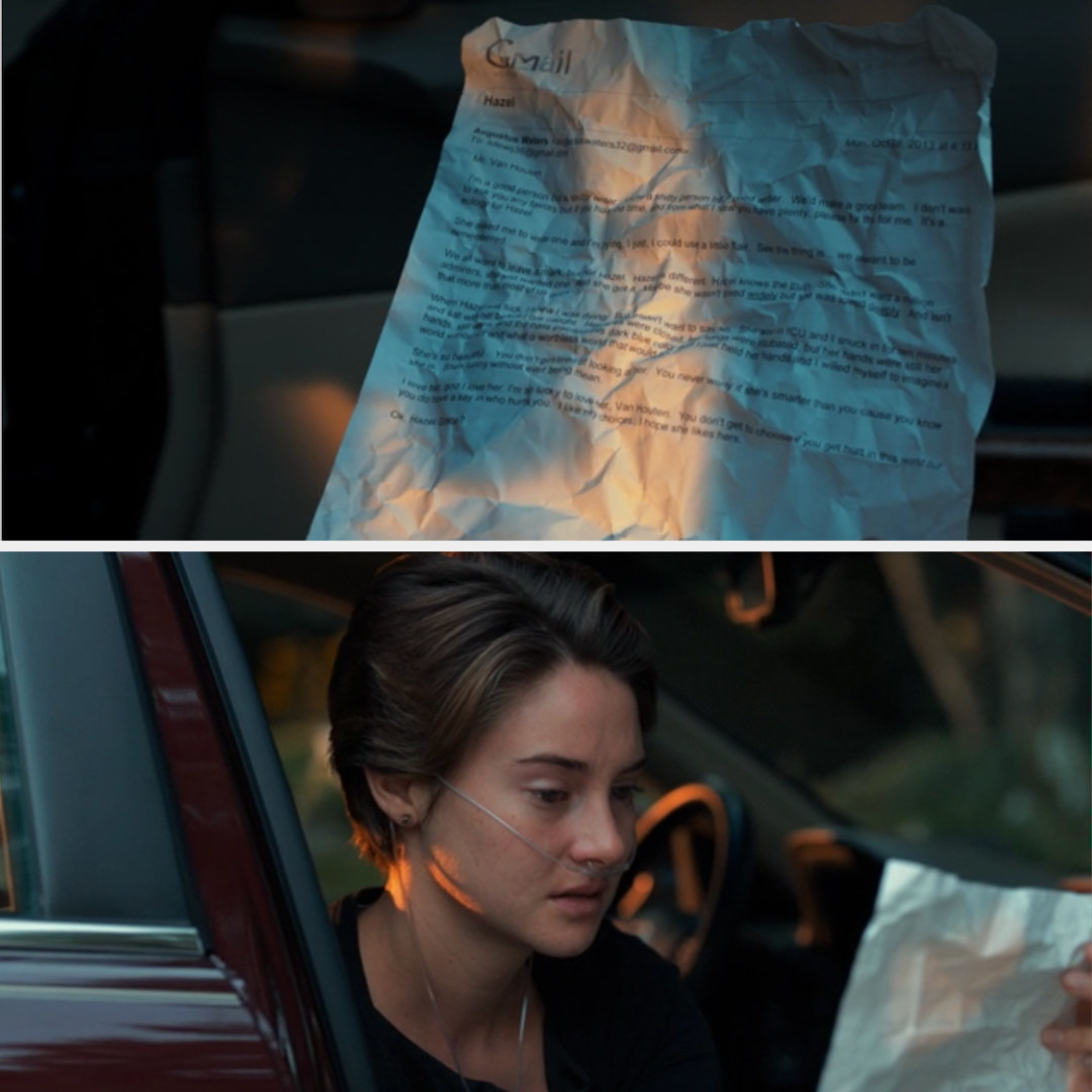 Hazel reads the printed out eulogy she found in her car
