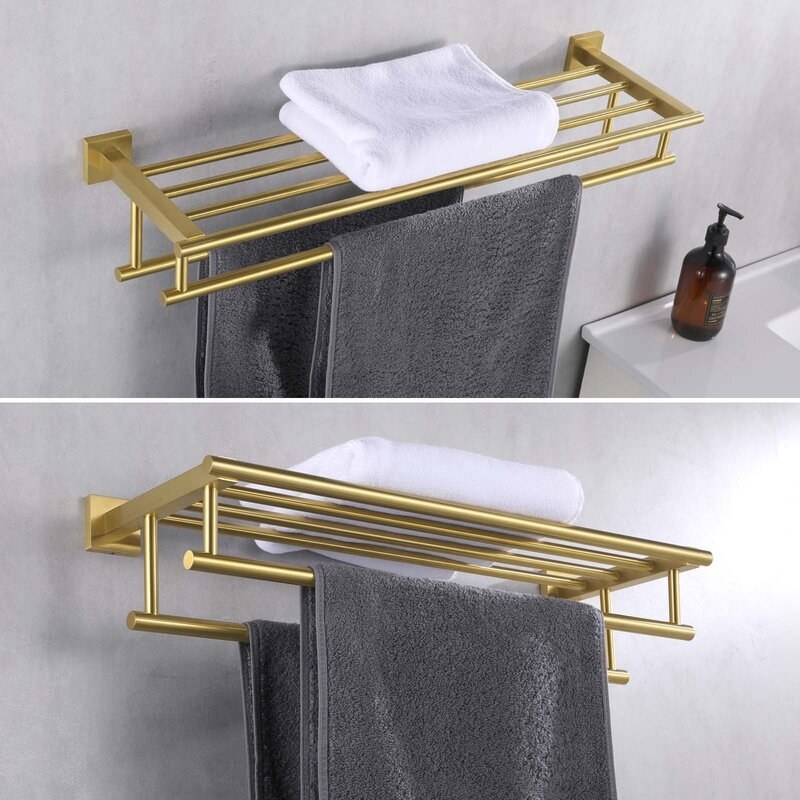 the gold rack with grey towels