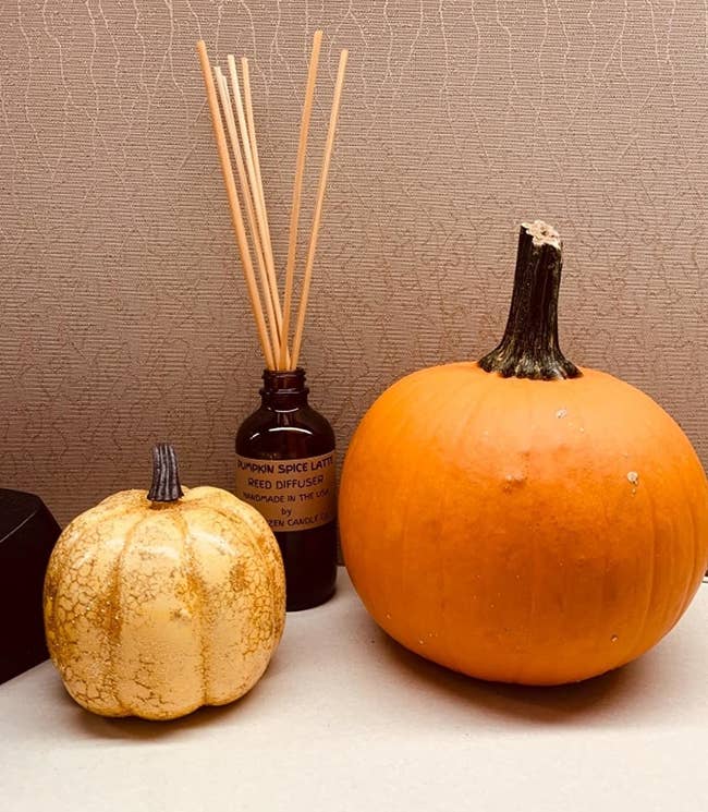 A small gold pumpkin and a larger orange pumpkin in front of a brown reed diffuser bottle that says 